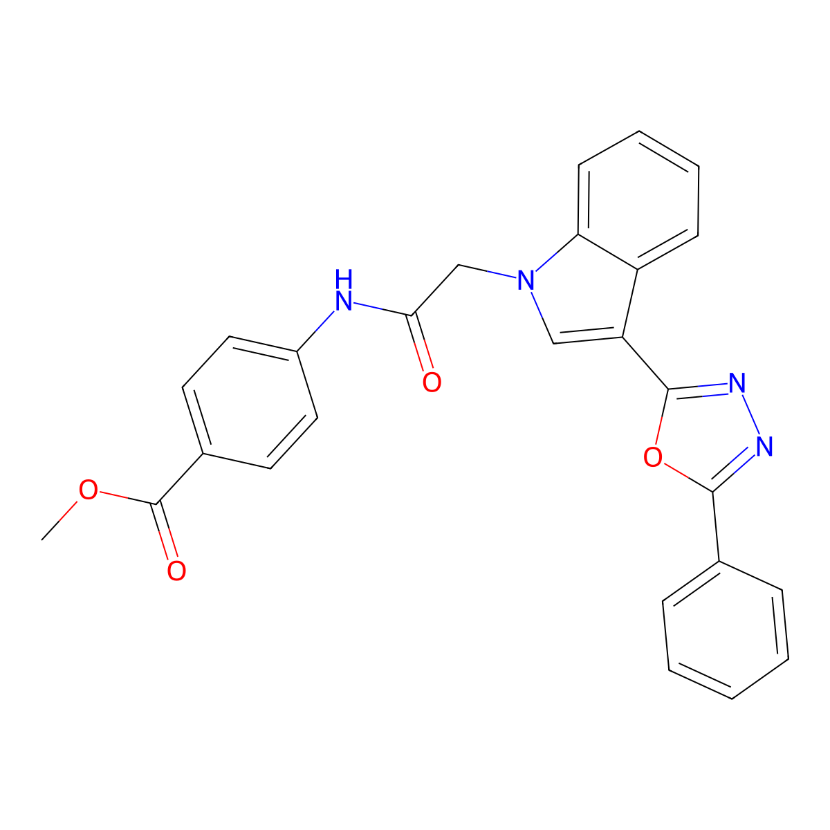 methyl 4-(2-(3-(5-phenyl-1,3,4-oxadiazol-2-yl)-1H-indol-1-yl)acetamido)benzoate molecular structure, CAS 1021074-52-1