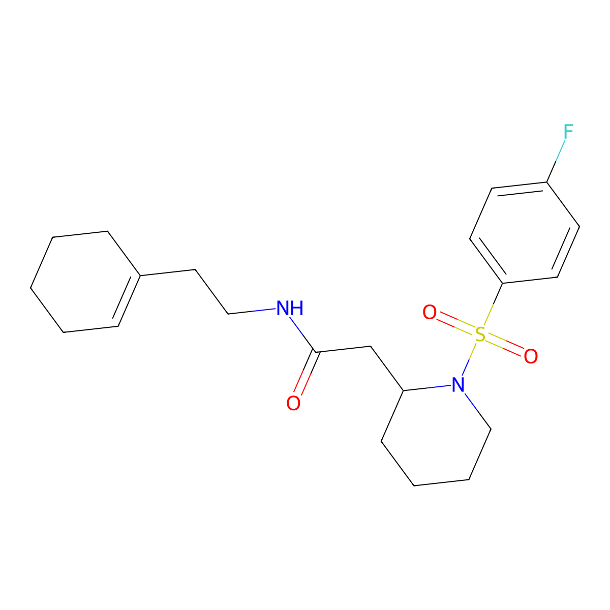 N-(2-(cyclohex-1-en-1-yl)ethyl)-2-(1-((4-fluorophenyl)sulfonyl)piperidin-2-yl)acetamide molecular structure, CAS 1021074-54-3
