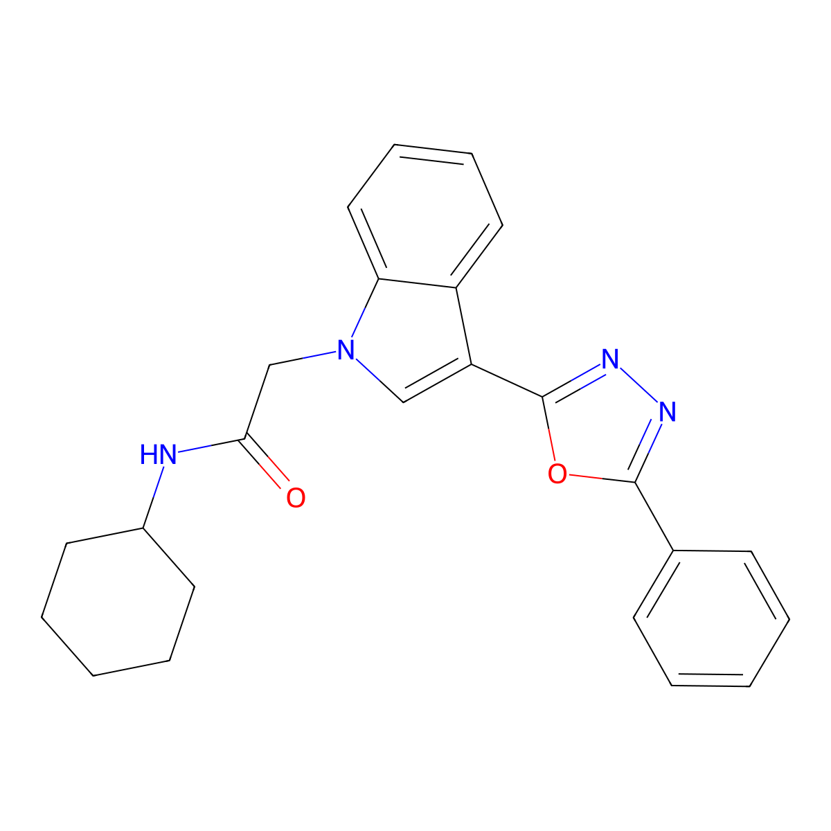 N-cyclohexyl-2-(3-(5-phenyl-1,3,4-oxadiazol-2-yl)-1H-indol-1-yl)acetamide molecular structure, CAS 1021074-55-4