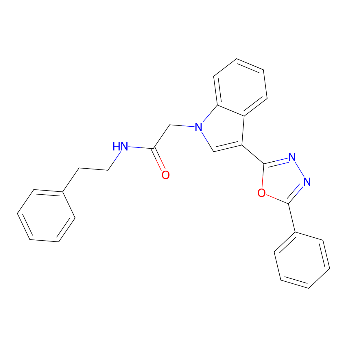 N-phenethyl-2-(3-(5-phenyl-1,3,4-oxadiazol-2-yl)-1H-indol-1-yl)acetamide molecular structure, CAS 1021074-58-7