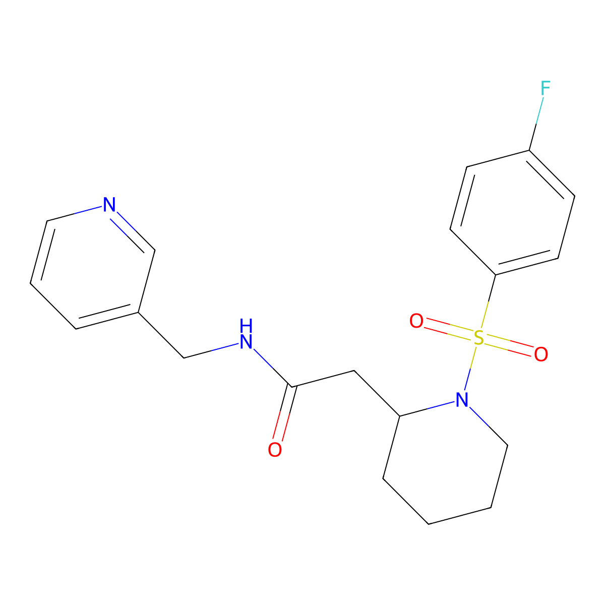 2-(1-((4-fluorophenyl)sulfonyl)piperidin-2-yl)-N-(pyridin-3-ylmethyl)acetamide molecular structure, CAS 1021074-60-1