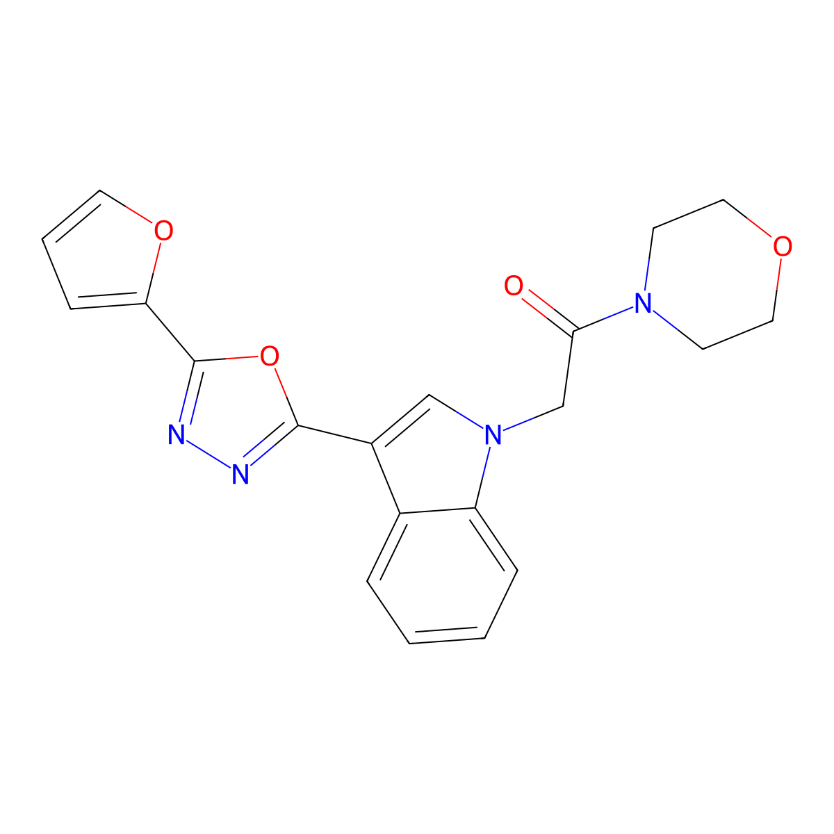 2-(3-(5-(furan-2-yl)-1,3,4-oxadiazol-2-yl)-1H-indol-1-yl)-1-morpholinoethanone molecular structure, CAS 1021074-61-2