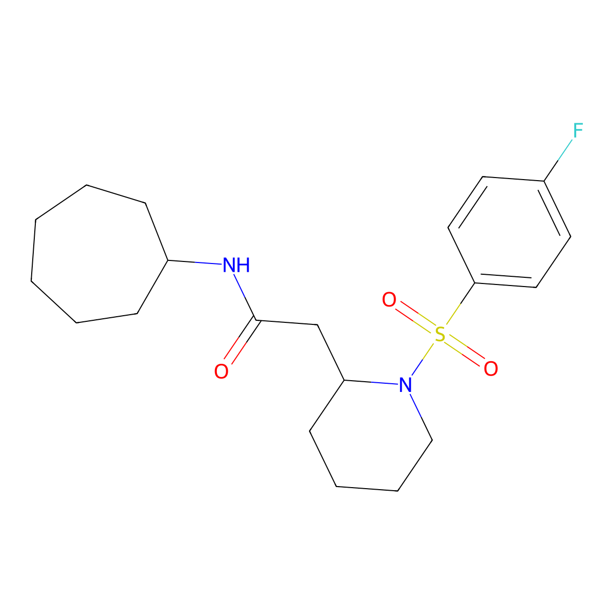 N-cycloheptyl-2-(1-((4-fluorophenyl)sulfonyl)piperidin-2-yl)acetamide molecular structure, CAS 1021074-63-4