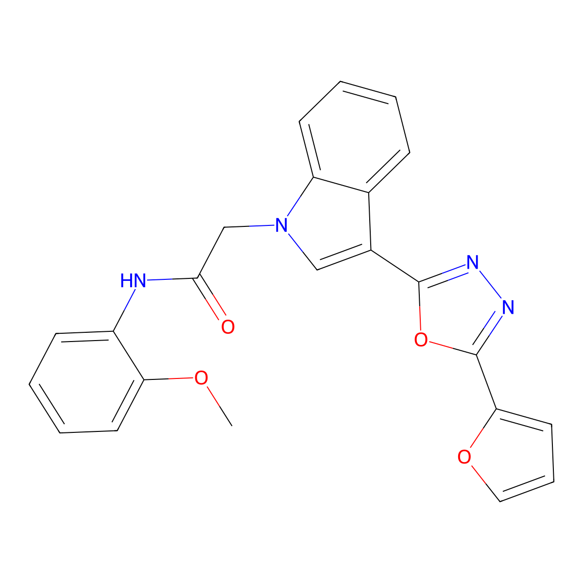 2-(3-(5-(furan-2-yl)-1,3,4-oxadiazol-2-yl)-1H-indol-1-yl)-N-(2-methoxyphenyl)acetamide molecular structure, CAS 1021074-64-5