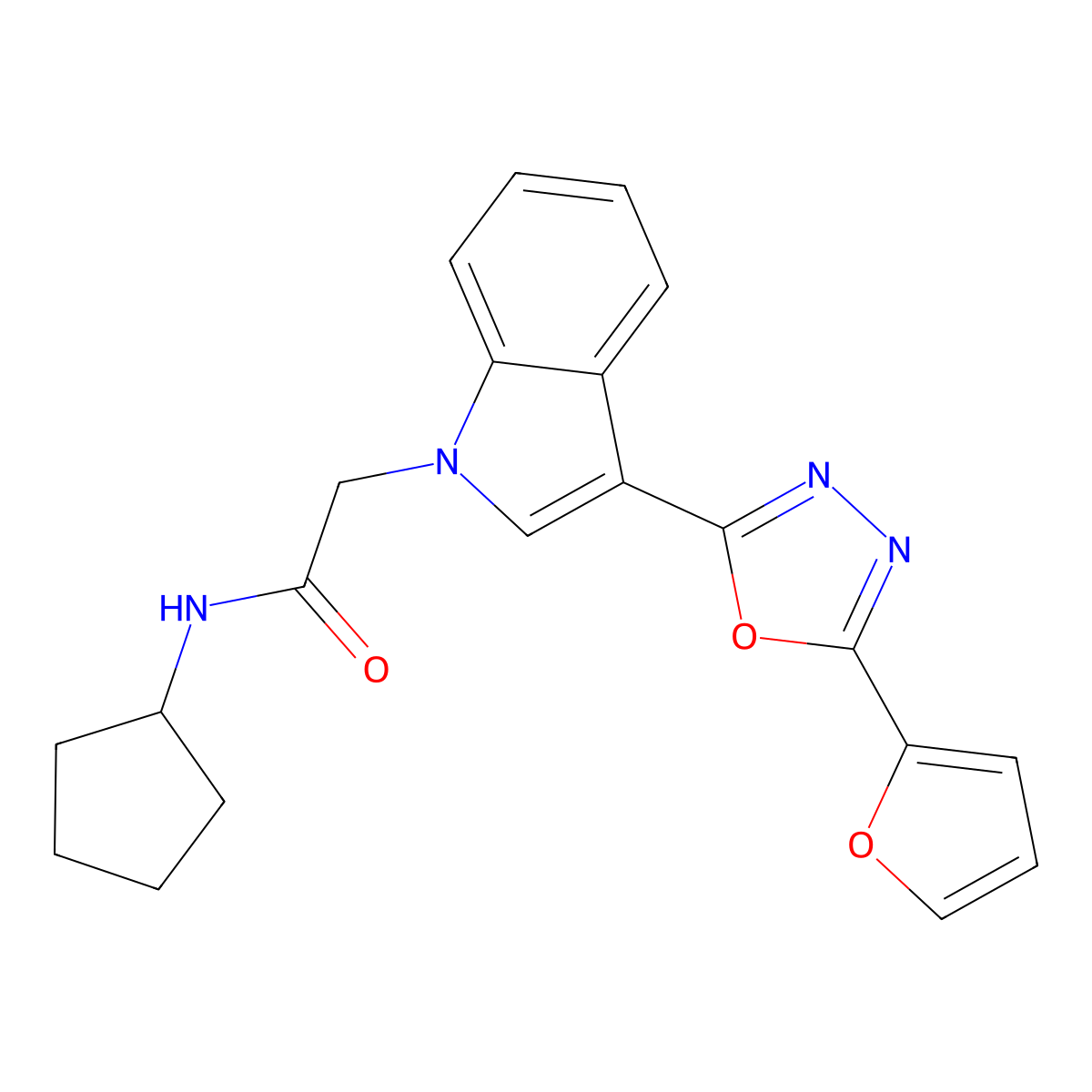 N-cyclopentyl-2-(3-(5-(furan-2-yl)-1,3,4-oxadiazol-2-yl)-1H-indol-1-yl)acetamide molecular structure, CAS 1021074-67-8