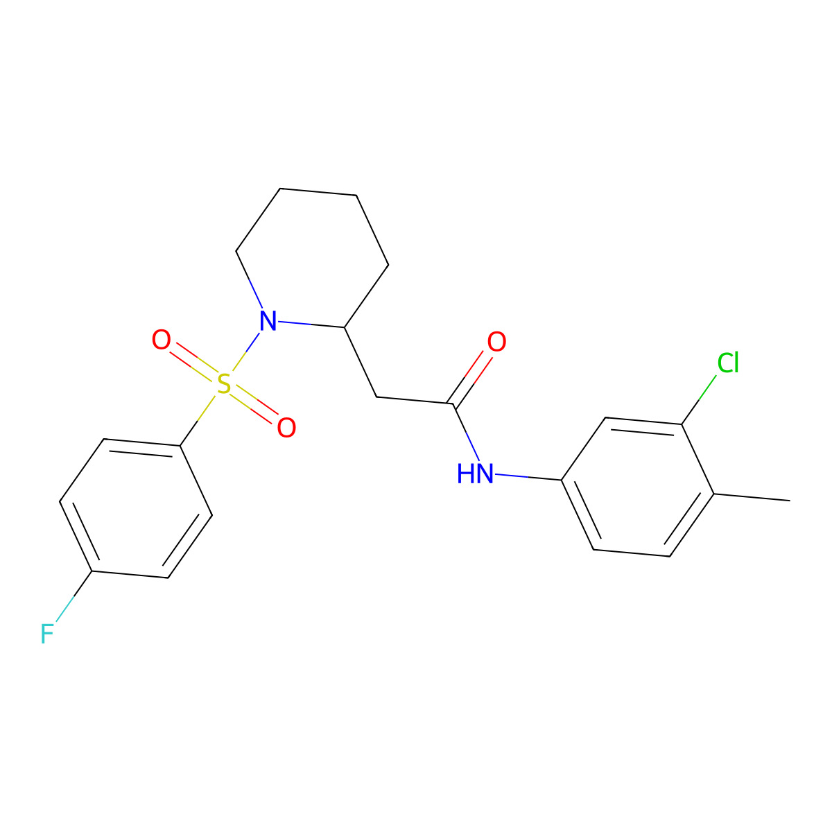 N-(3-chloro-4-methylphenyl)-2-(1-((4-fluorophenyl)sulfonyl)piperidin-2-yl)acetamide molecular structure, CAS 1021074-74-7