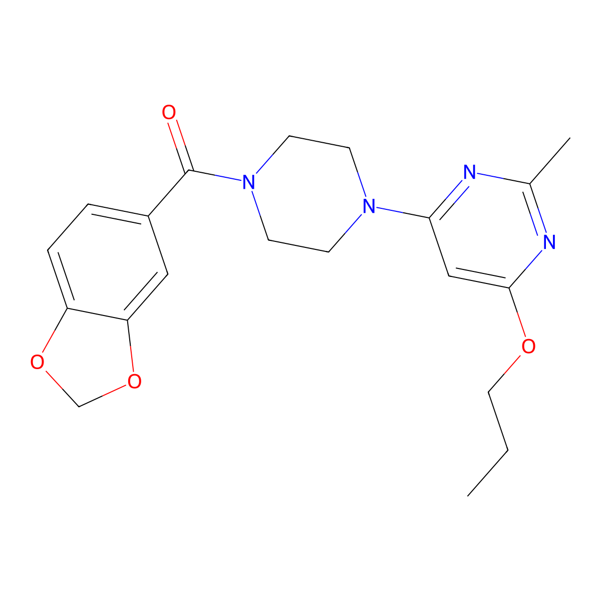 Benzo[d][1,3]dioxol-5-yl(4-(2-methyl-6-propoxypyrimidin-4-yl)piperazin-1-yl)methanone molecular structure, CAS 1021074-83-8