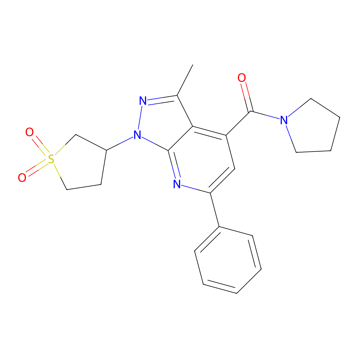 (1-(1,1-dioxidotetrahydrothiophen-3-yl)-3-methyl-6-phenyl-1H-pyrazolo[3,4-b]pyridin-4-yl)(pyrrolidin-1-yl)methanone molecular structure, CAS 1021074-90-7