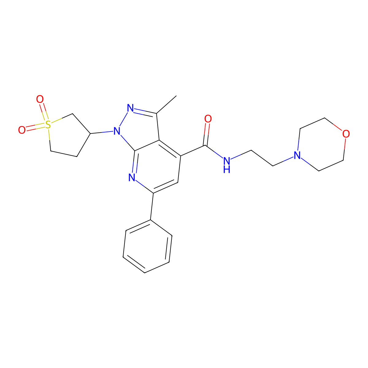 1-(1,1-dioxidotetrahydrothiophen-3-yl)-3-methyl-N-(2-morpholinoethyl)-6-phenyl-1H-pyrazolo[3,4-b]pyridine-4-carboxamide molecular structure, CAS 1021074-96-3