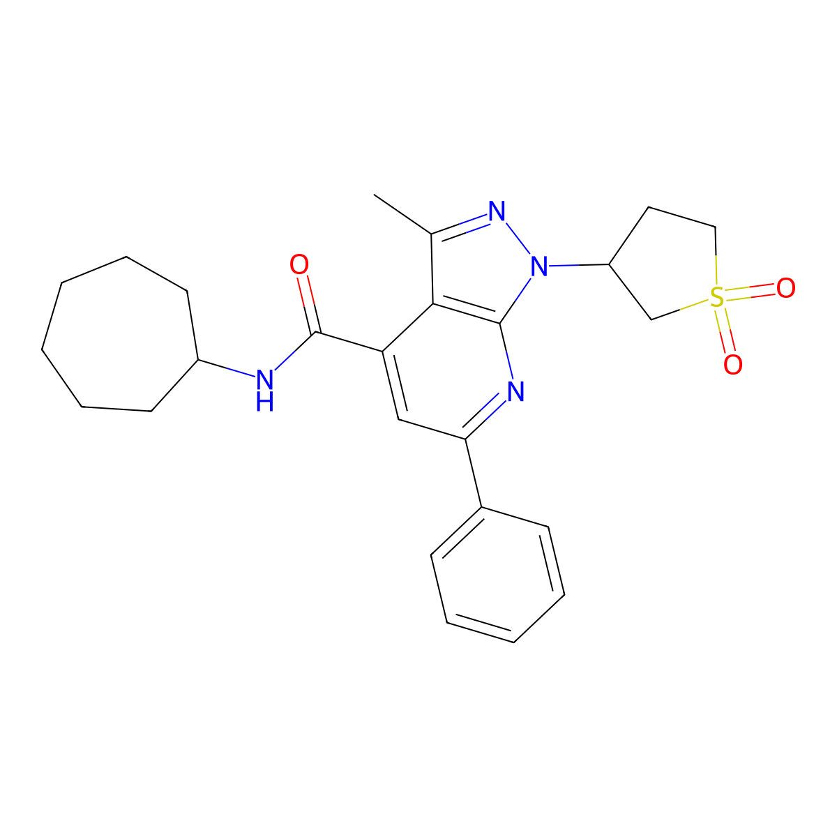 N-cycloheptyl-1-(1,1-dioxidotetrahydrothiophen-3-yl)-3-methyl-6-phenyl-1H-pyrazolo[3,4-b]pyridine-4-carboxamide molecular structure, CAS 1021074-97-4