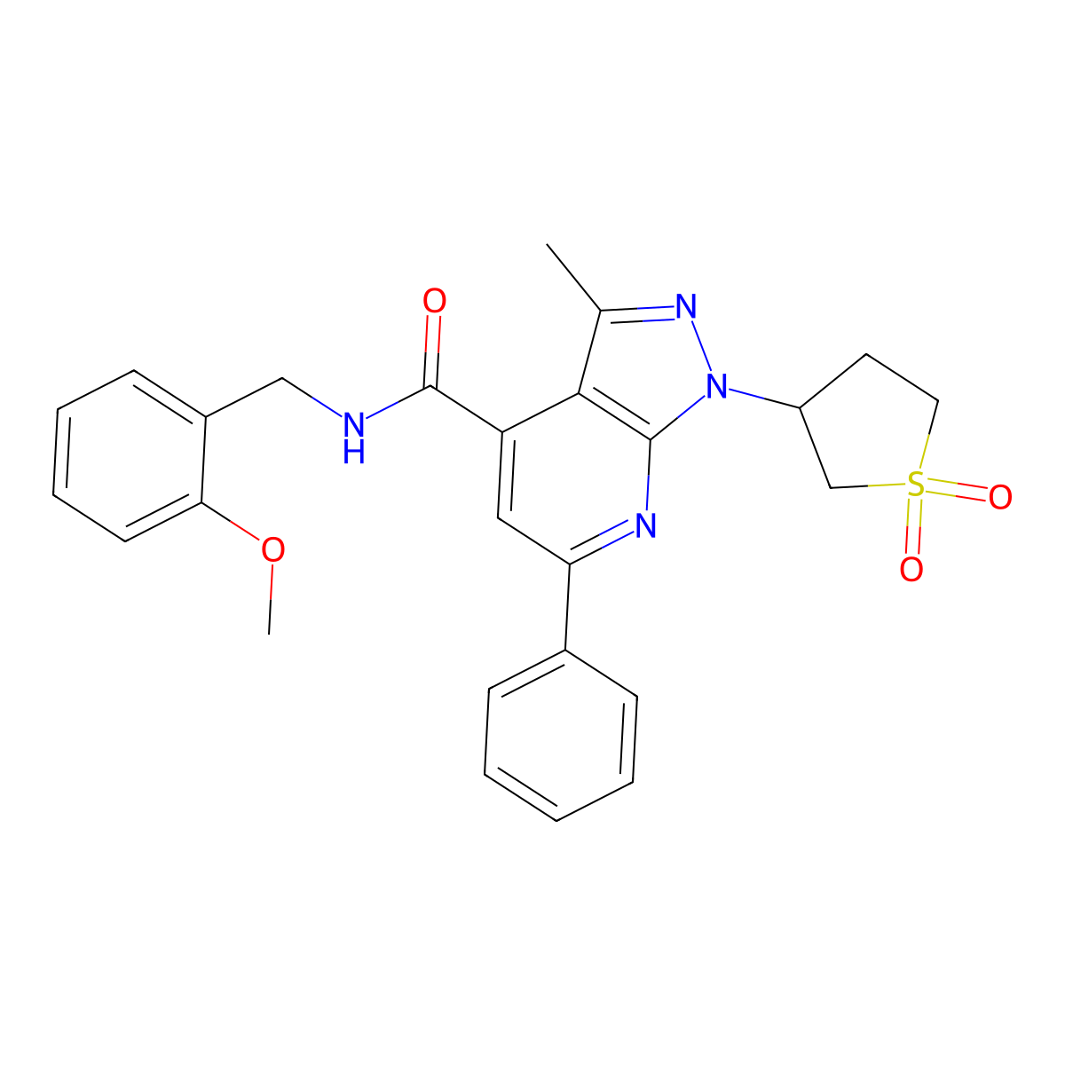 1-(1,1-dioxidotetrahydrothiophen-3-yl)-N-(2-methoxybenzyl)-3-methyl-6-phenyl-1H-pyrazolo[3,4-b]pyridine-4-carboxamide molecular structure, CAS 1021074-99-6