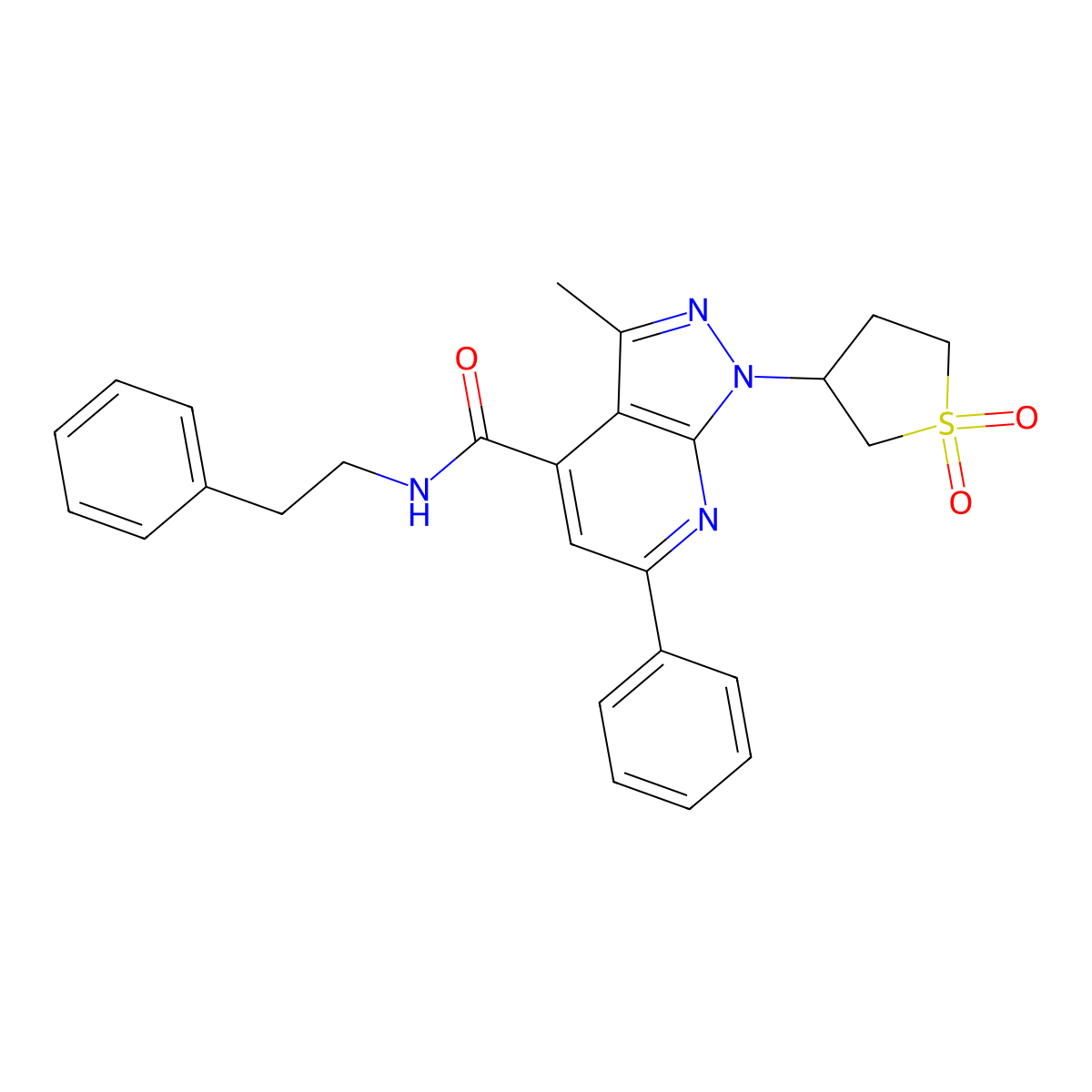 1-(1,1-dioxidotetrahydrothiophen-3-yl)-3-methyl-N-phenethyl-6-phenyl-1H-pyrazolo[3,4-b]pyridine-4-carboxamide molecular structure, CAS 1021075-00-2