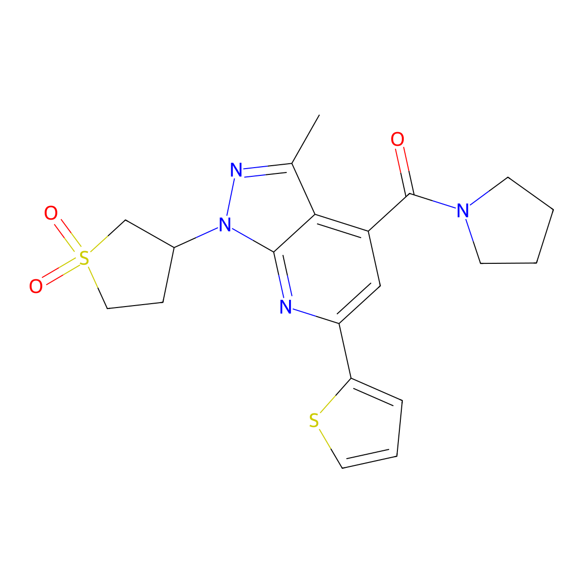 (1-(1,1-dioxidotetrahydrothiophen-3-yl)-3-methyl-6-(thiophen-2-yl)-1H-pyrazolo[3,4-b]pyridin-4-yl)(pyrrolidin-1-yl)methanone molecular structure, CAS 1021075-10-4