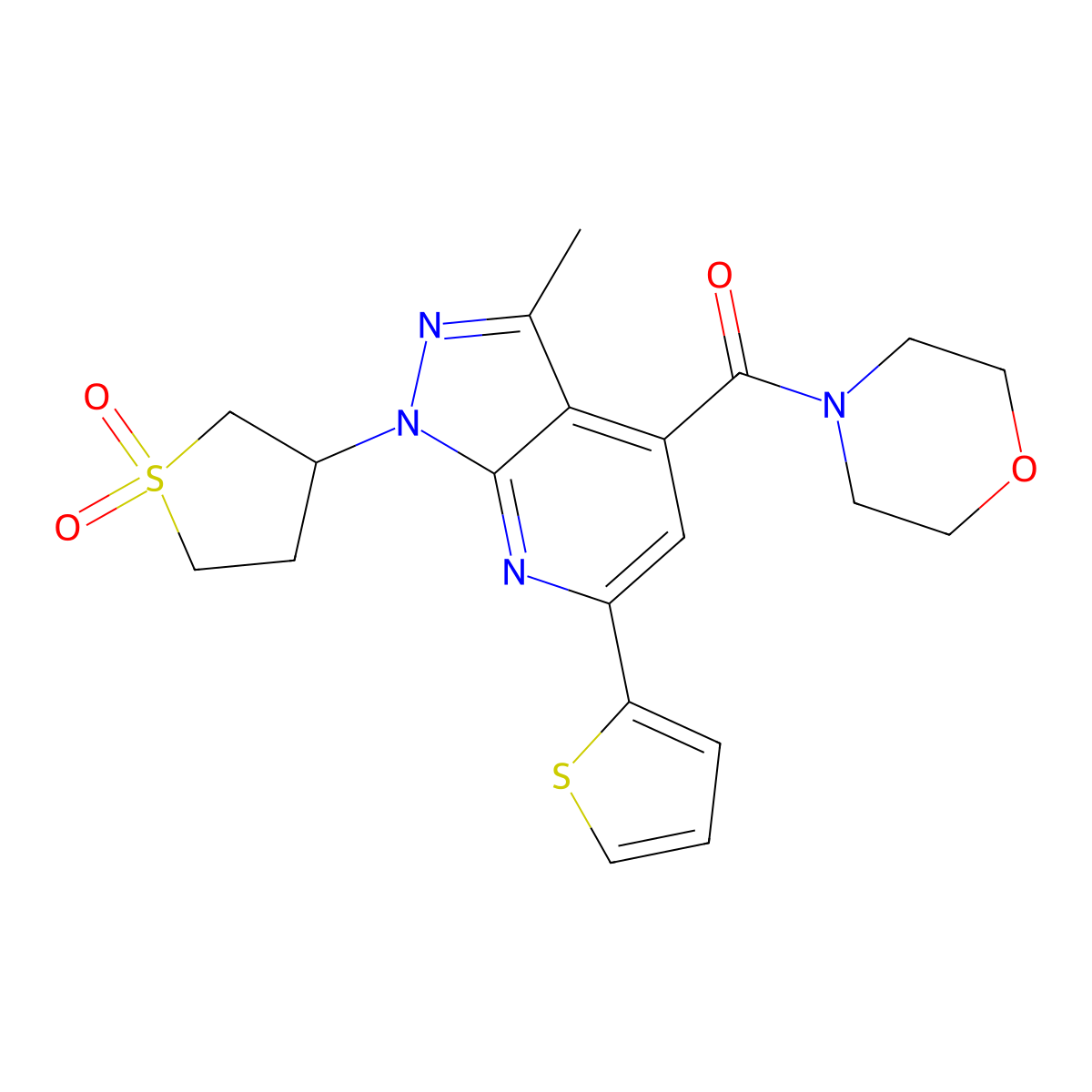 (1-(1,1-dioxidotetrahydrothiophen-3-yl)-3-methyl-6-(thiophen-2-yl)-1H-pyrazolo[3,4-b]pyridin-4-yl)(morpholino)methanone molecular structure, CAS 1021075-12-6