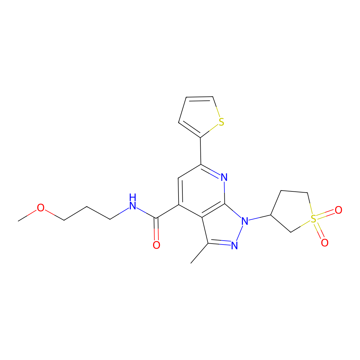 1-(1,1-dioxidotetrahydrothiophen-3-yl)-N-(3-methoxypropyl)-3-methyl-6-(thiophen-2-yl)-1H-pyrazolo[3,4-b]pyridine-4-carboxamide molecular structure, CAS 1021075-14-8