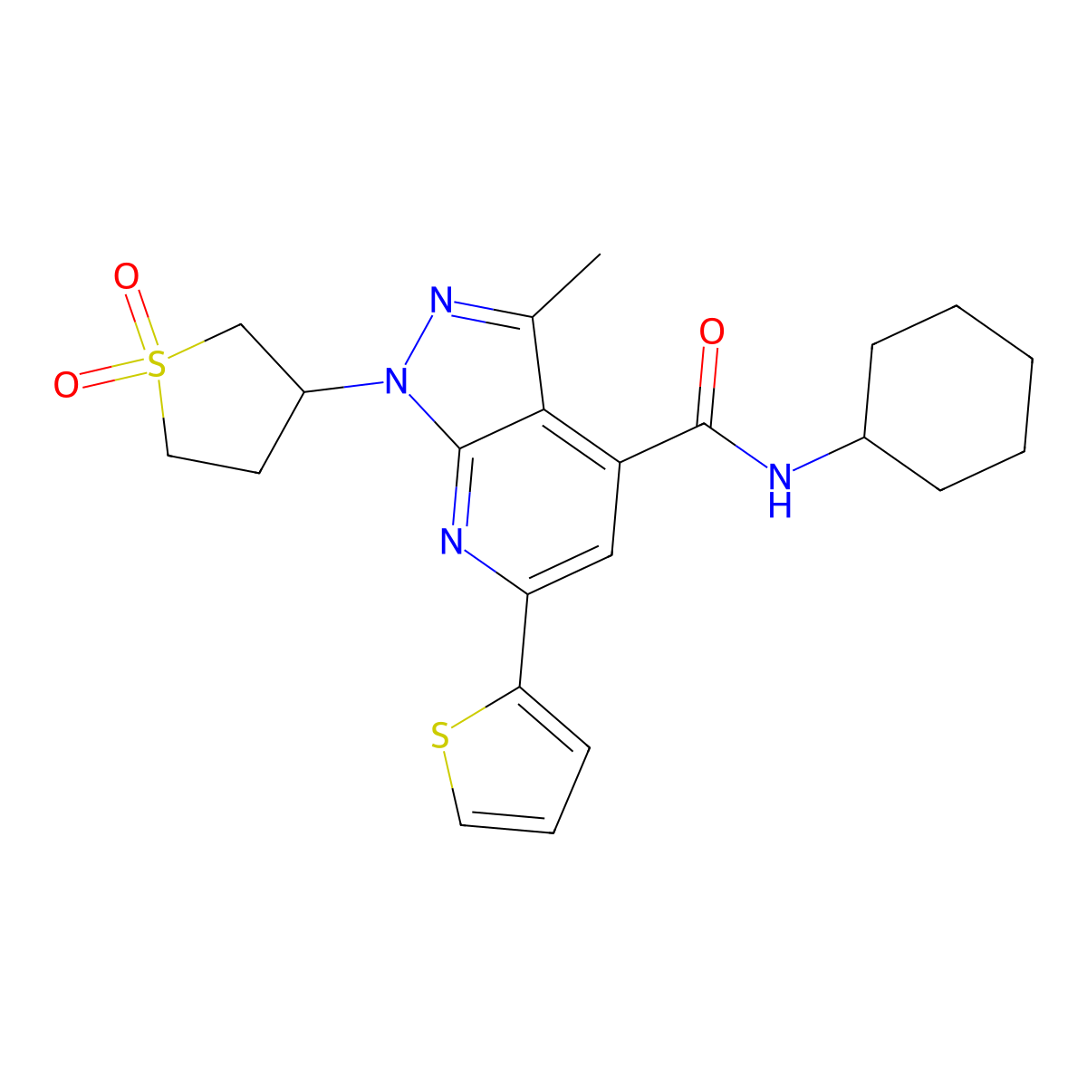 N-cyclohexyl-1-(1,1-dioxidotetrahydrothiophen-3-yl)-3-methyl-6-(thiophen-2-yl)-1H-pyrazolo[3,4-b]pyridine-4-carboxamide molecular structure, CAS 1021075-15-9