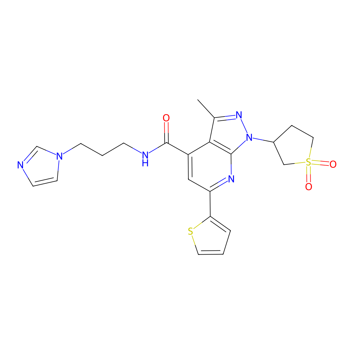 N-(3-(1H-imidazol-1-yl)propyl)-1-(1,1-dioxidotetrahydrothiophen-3-yl)-3-methyl-6-(thiophen-2-yl)-1H-pyrazolo[3,4-b]pyridine-4-carboxamide molecular structure, CAS 1021075-16-0