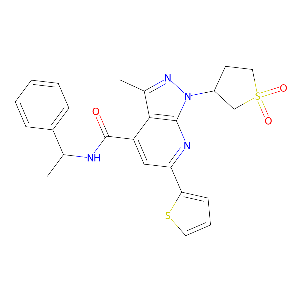1-(1,1-dioxidotetrahydrothiophen-3-yl)-3-methyl-N-(1-phenylethyl)-6-(thiophen-2-yl)-1H-pyrazolo[3,4-b]pyridine-4-carboxamide molecular structure, CAS 1021075-17-1