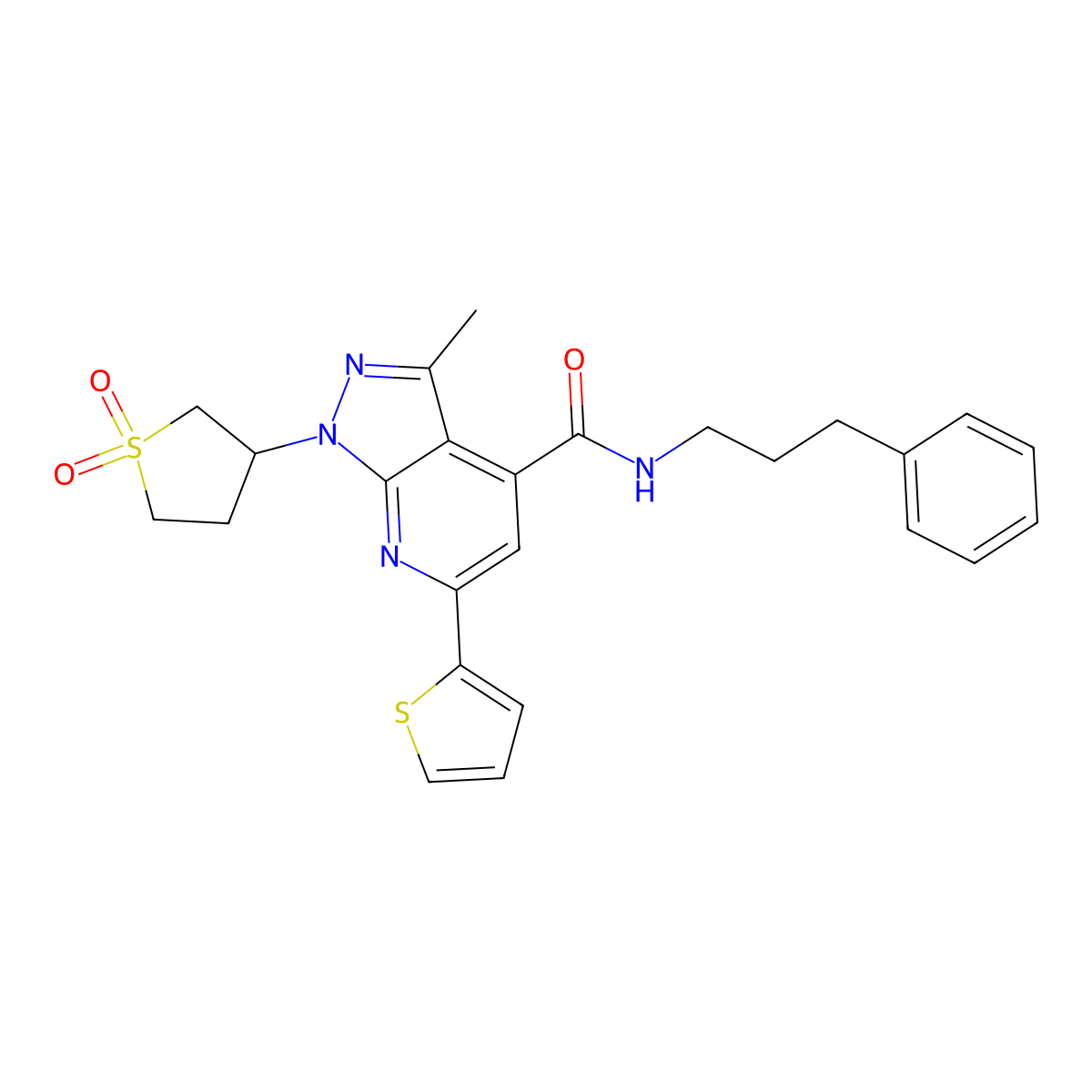 1-(1,1-dioxidotetrahydrothiophen-3-yl)-3-methyl-N-(3-phenylpropyl)-6-(thiophen-2-yl)-1H-pyrazolo[3,4-b]pyridine-4-carboxamide molecular structure, CAS 1021075-18-2