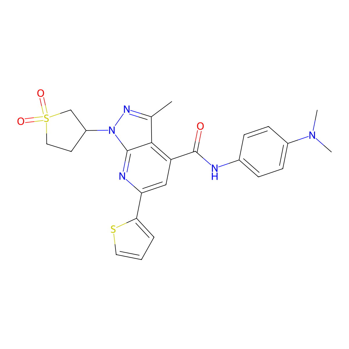 N-(4-(dimethylamino)phenyl)-1-(1,1-dioxidotetrahydrothiophen-3-yl)-3-methyl-6-(thiophen-2-yl)-1H-pyrazolo[3,4-b]pyridine-4-carboxamide molecular structure, CAS 1021075-20-6