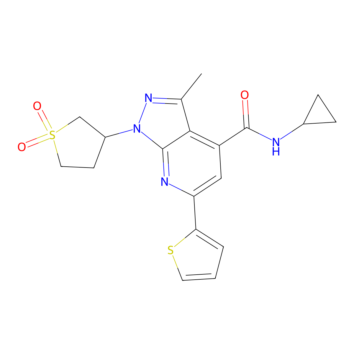 N-cyclopropyl-1-(1,1-dioxidotetrahydrothiophen-3-yl)-3-methyl-6-(thiophen-2-yl)-1H-pyrazolo[3,4-b]pyridine-4-carboxamide molecular structure, CAS 1021075-22-8