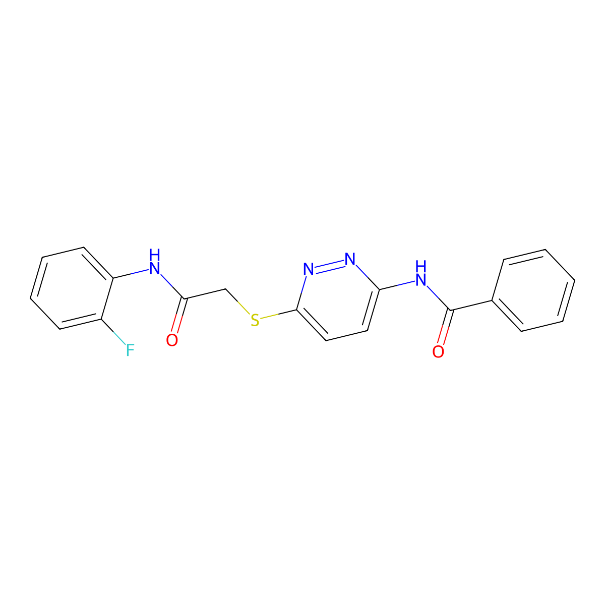 N-(6-((2-((2-fluorophenyl)amino)-2-oxoethyl)thio)pyridazin-3-yl)benzamide molecular structure, CAS 1021075-35-3