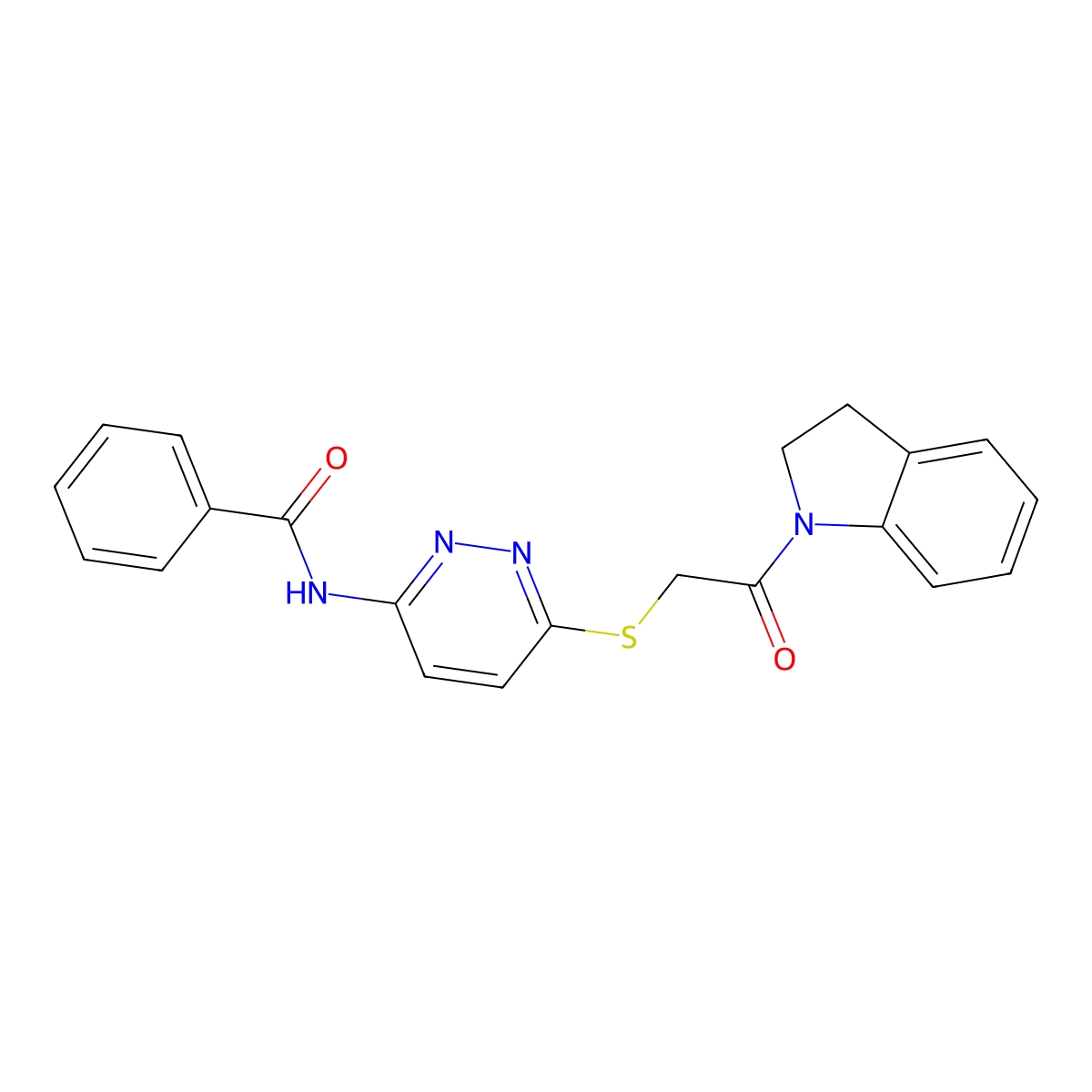 N-(6-((2-(indolin-1-yl)-2-oxoethyl)thio)pyridazin-3-yl)benzamide molecular structure, CAS 1021075-38-6
