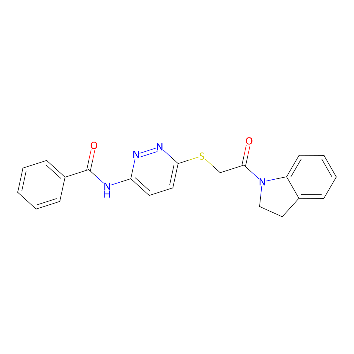 N-(6-((2-(indolin-1-yl)-2-oxoethyl)thio)pyridazin-3-yl)benzamide molecular structure, CAS 1021075-38-6