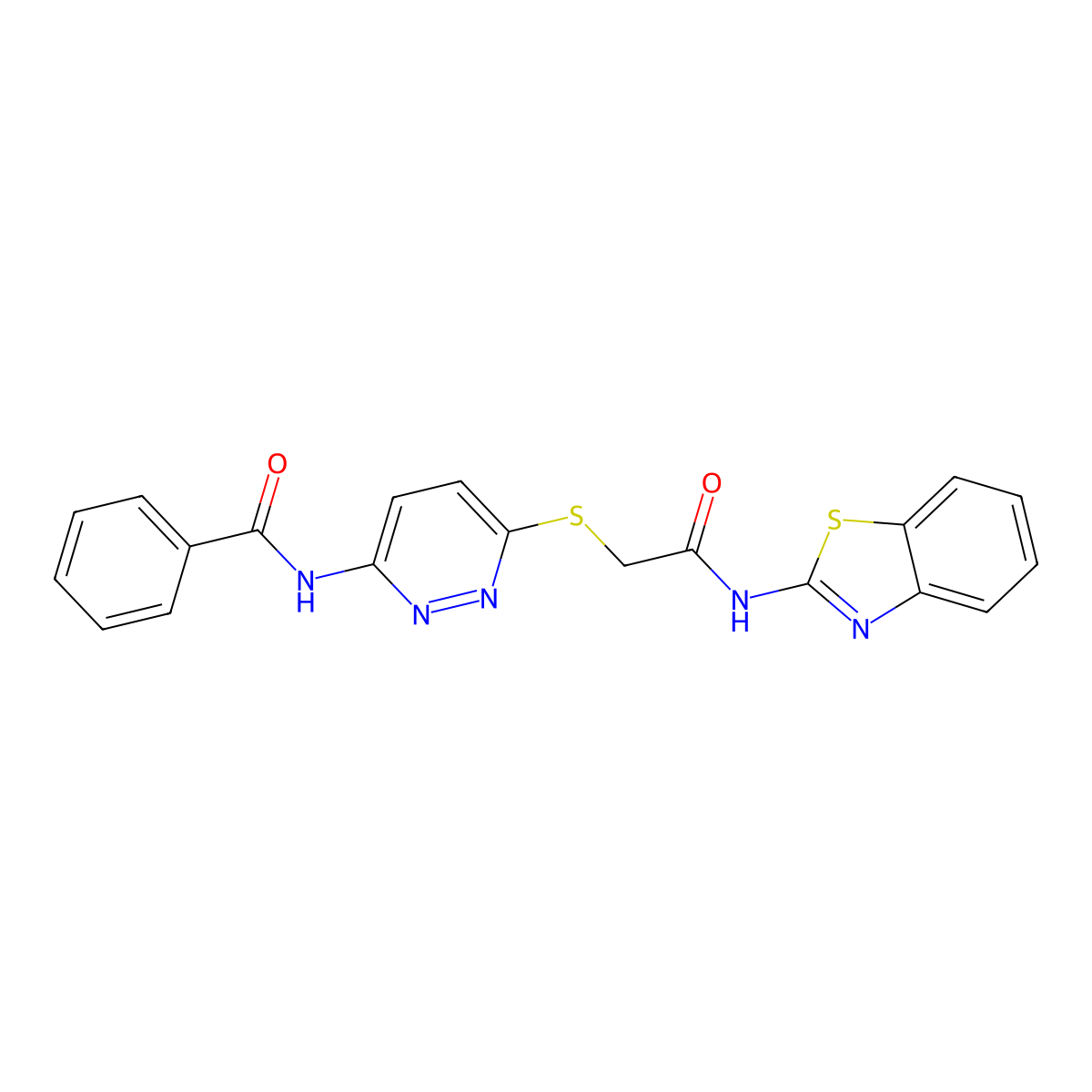 N-(6-((2-(benzo[d]thiazol-2-ylamino)-2-oxoethyl)thio)pyridazin-3-yl)benzamide molecular structure, CAS 1021075-39-7