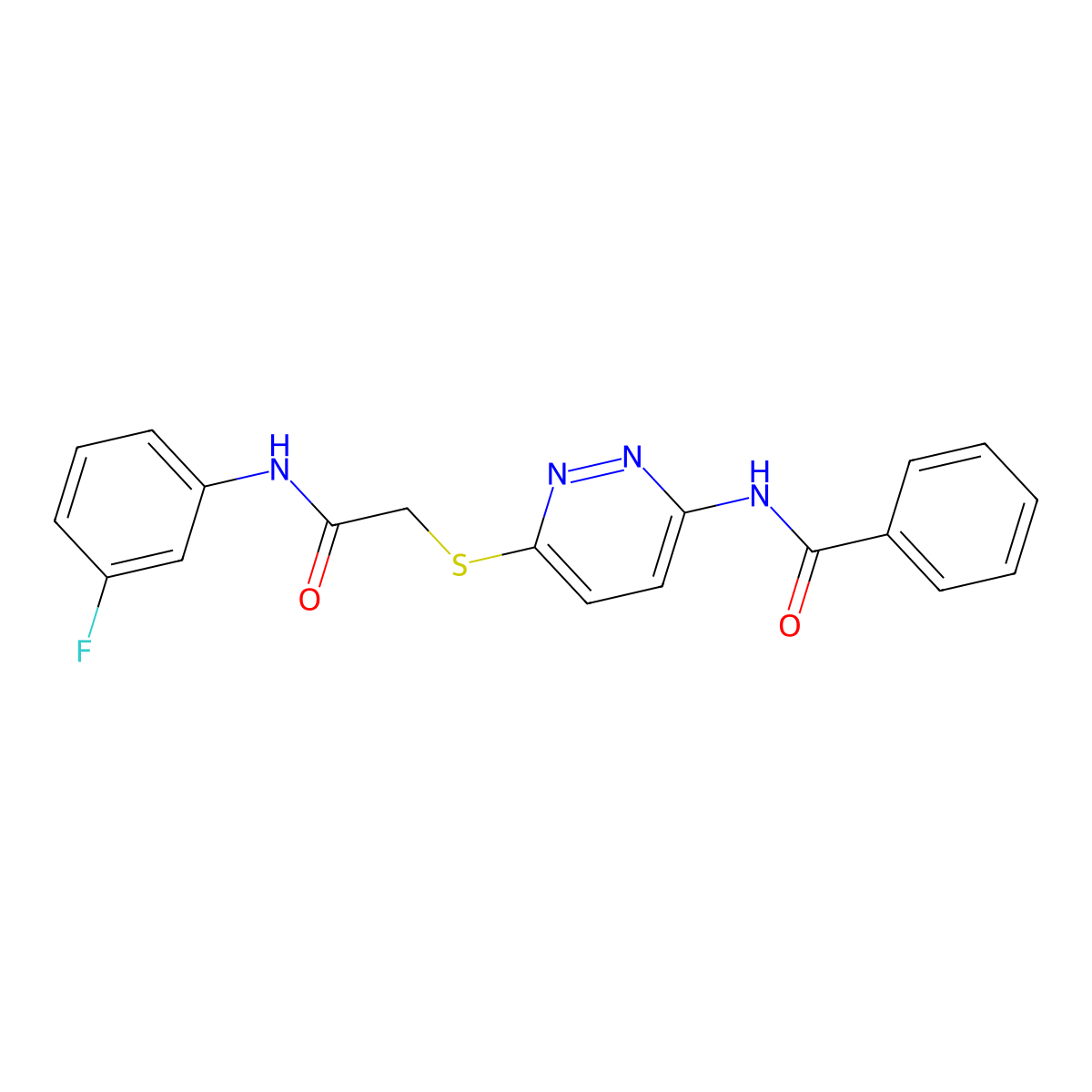 N-(6-((2-((3-fluorophenyl)amino)-2-oxoethyl)thio)pyridazin-3-yl)benzamide molecular structure, CAS 1021075-40-0