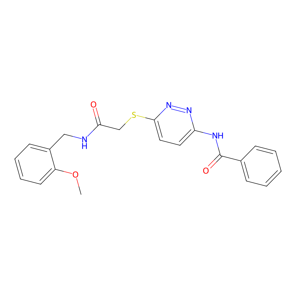 N-(6-((2-((2-methoxybenzyl)amino)-2-oxoethyl)thio)pyridazin-3-yl)benzamide molecular structure, CAS 1021075-41-1
