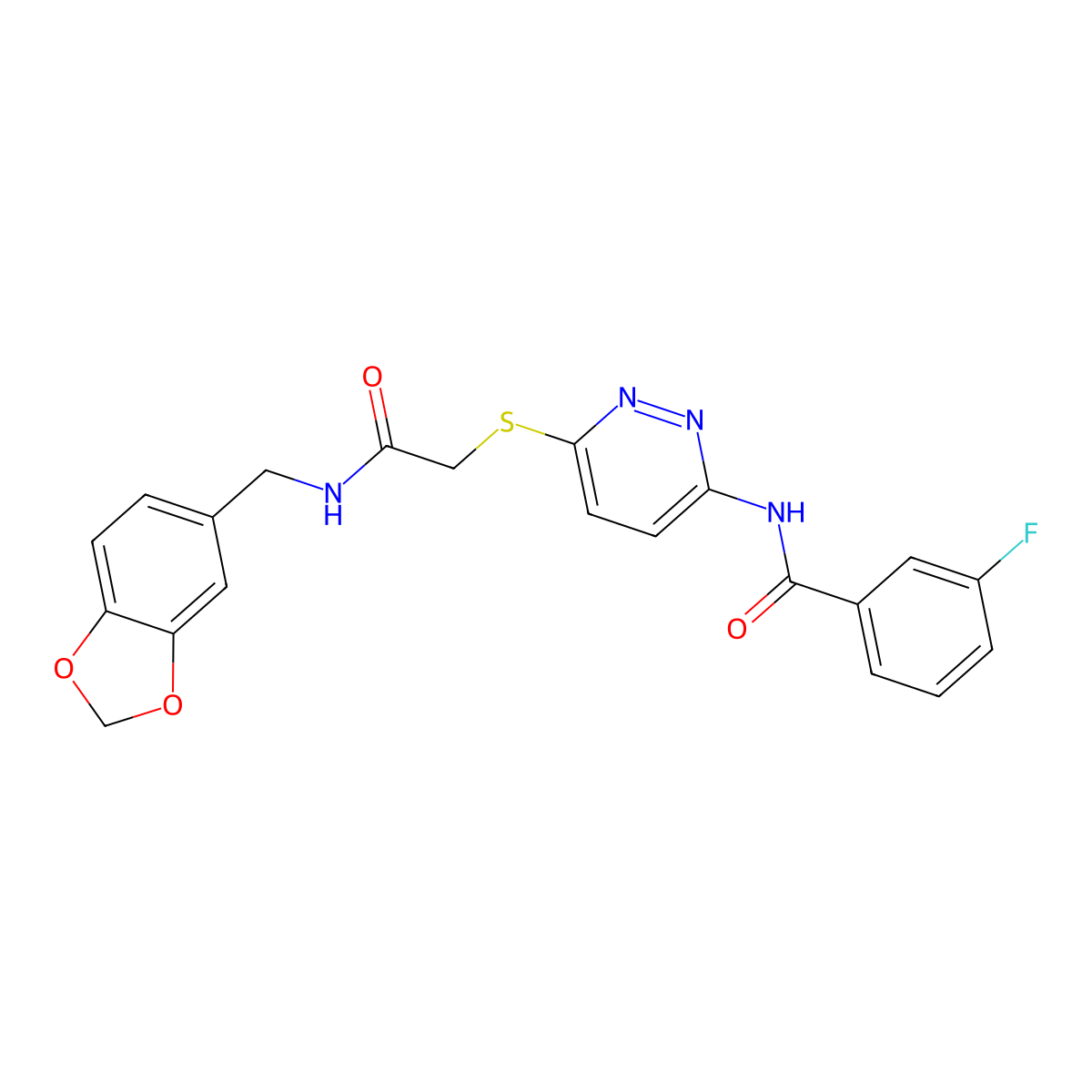 N-(6-((2-((benzo[d][1,3]dioxol-5-ylmethyl)amino)-2-oxoethyl)thio)pyridazin-3-yl)-3-fluorobenzamide molecular structure, CAS 1021075-51-3