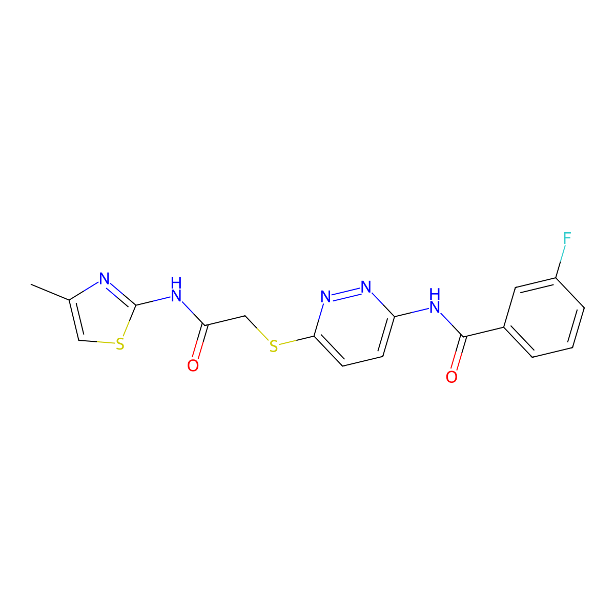 3-fluoro-N-(6-((2-((4-methylthiazol-2-yl)amino)-2-oxoethyl)thio)pyridazin-3-yl)benzamide molecular structure, CAS 1021075-53-5