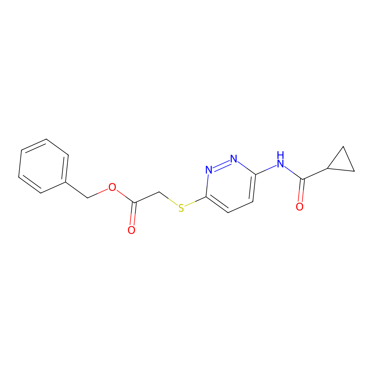 Benzyl 2-((6-(cyclopropanecarboxamido)pyridazin-3-yl)thio)acetate molecular structure, CAS 1021075-58-0