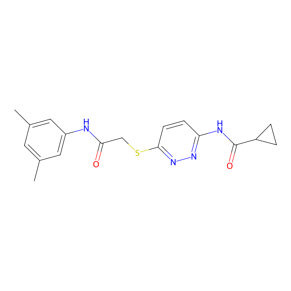 N-(6-((2-((3,5-dimethylphenyl)amino)-2-oxoethyl)thio)pyridazin-3-yl)cyclopropanecarboxamide molecular structure, CAS 1021075-59-1