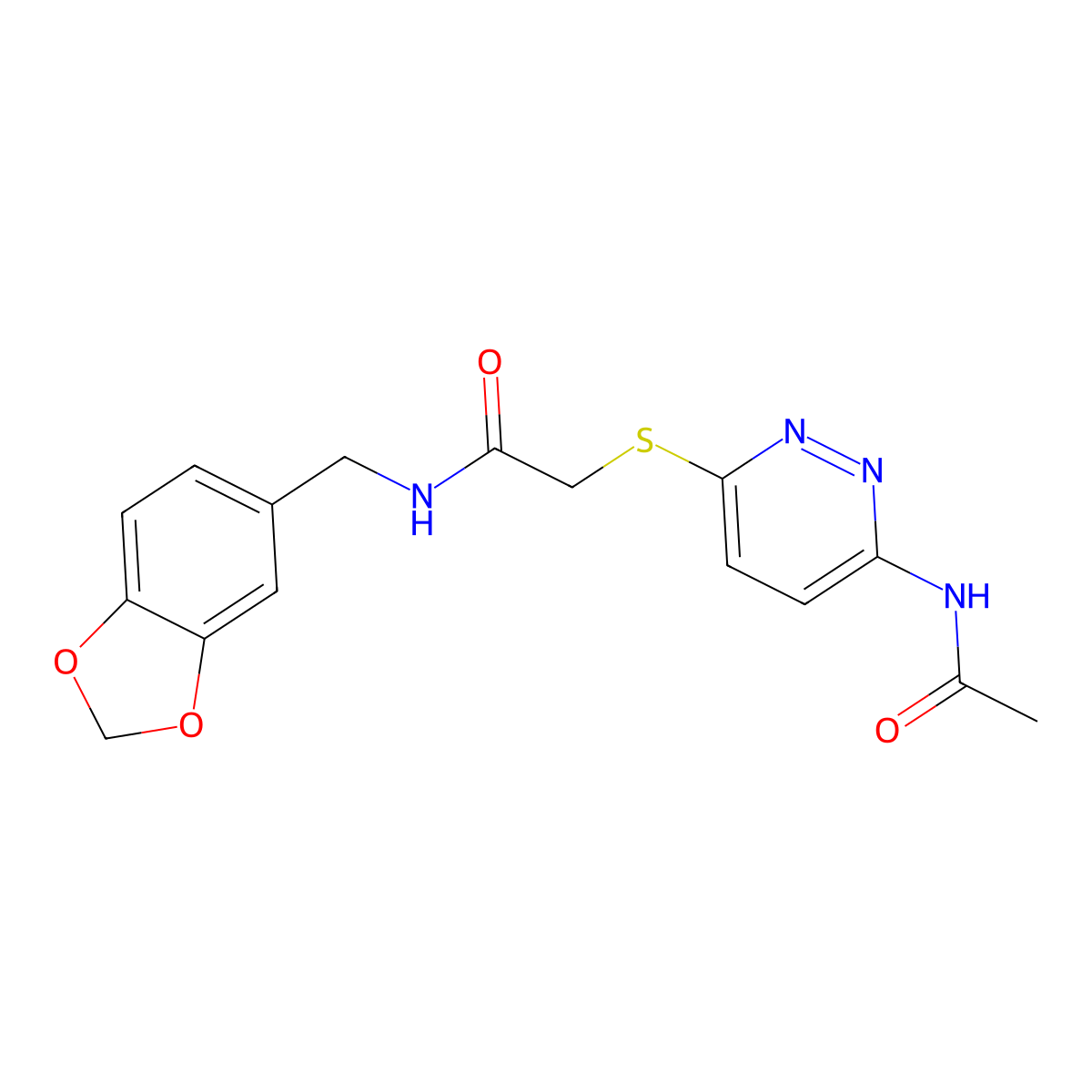 2-((6-acetamidopyridazin-3-yl)thio)-N-(benzo[d][1,3]dioxol-5-ylmethyl)acetamide molecular structure, CAS 1021075-93-3