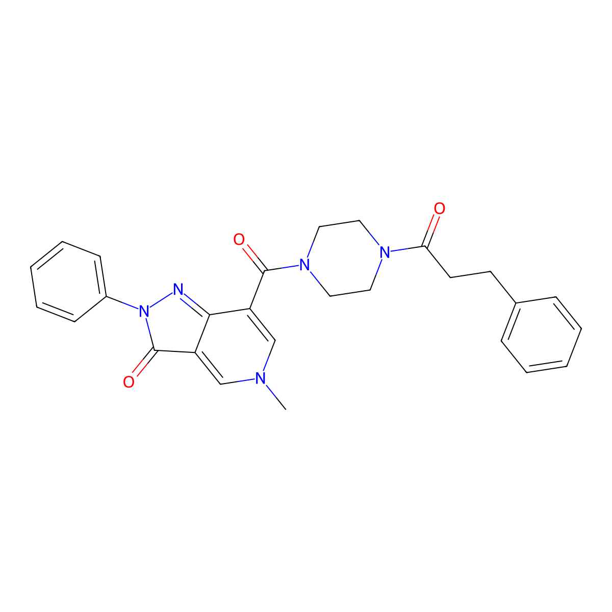 5-methyl-2-phenyl-7-(4-(3-phenylpropanoyl)piperazine-1-carbonyl)-2H-pyrazolo[4,3-c]pyridin-3(5H)-one molecular structure, CAS 1021077-90-6