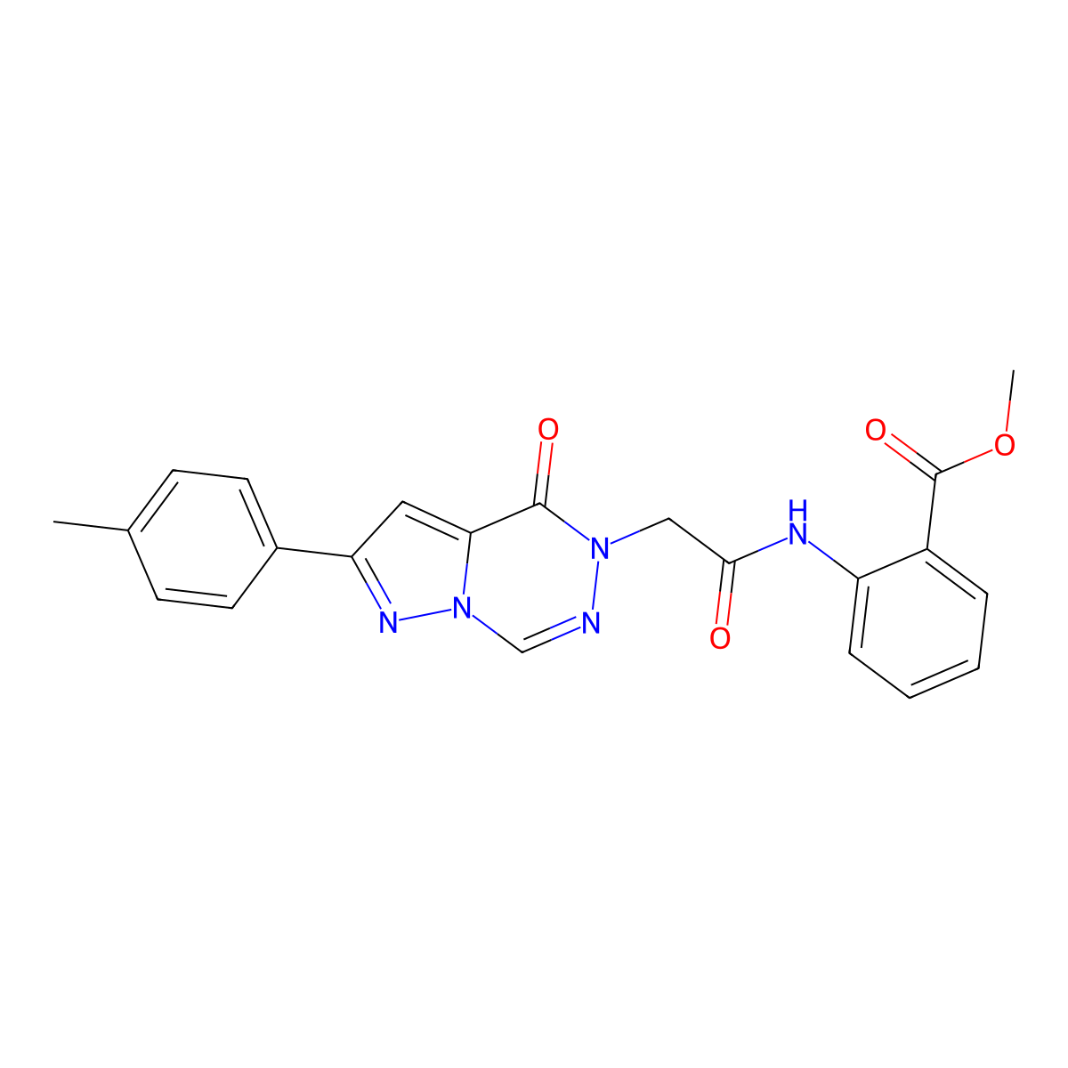 Methyl 2-(2-(oxo-8-(p-tolyl)pyrazolo[1,5-d][1,2,4]triazin-1-yl)acetamido)benzoate molecular structure, CAS 1021079-07-1