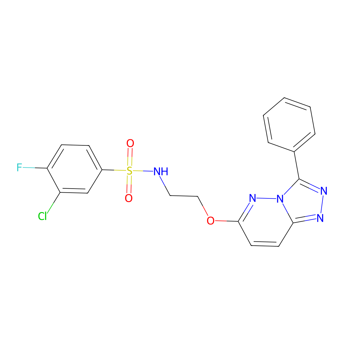 3-chloro-4-fluoro-N-(2-((3-phenyl-[1,2,4]triazolo[4,3-b]pyridazin-6-yl)oxy)ethyl)benzenesulfonamide molecular structure, CAS 1021082-33-6