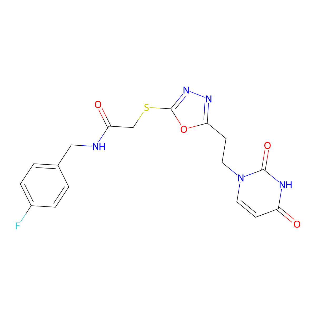 2-((5-(2-(2,4-dioxo-3,4-dihydropyrimidin-1(2H)-yl)ethyl)-1,3,4-oxadiazol-2-yl)thio)-N-(4-fluorobenzyl)acetamide molecular structure, CAS 1021082-85-8
