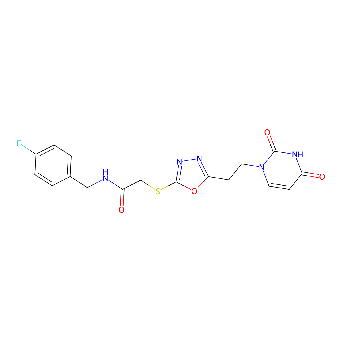 2-((5-(2-(2,4-dioxo-3,4-dihydropyrimidin-1(2H)-yl)ethyl)-1,3,4-oxadiazol-2-yl)thio)-N-(4-fluorobenzyl)acetamide molecular structure, CAS 1021082-85-8