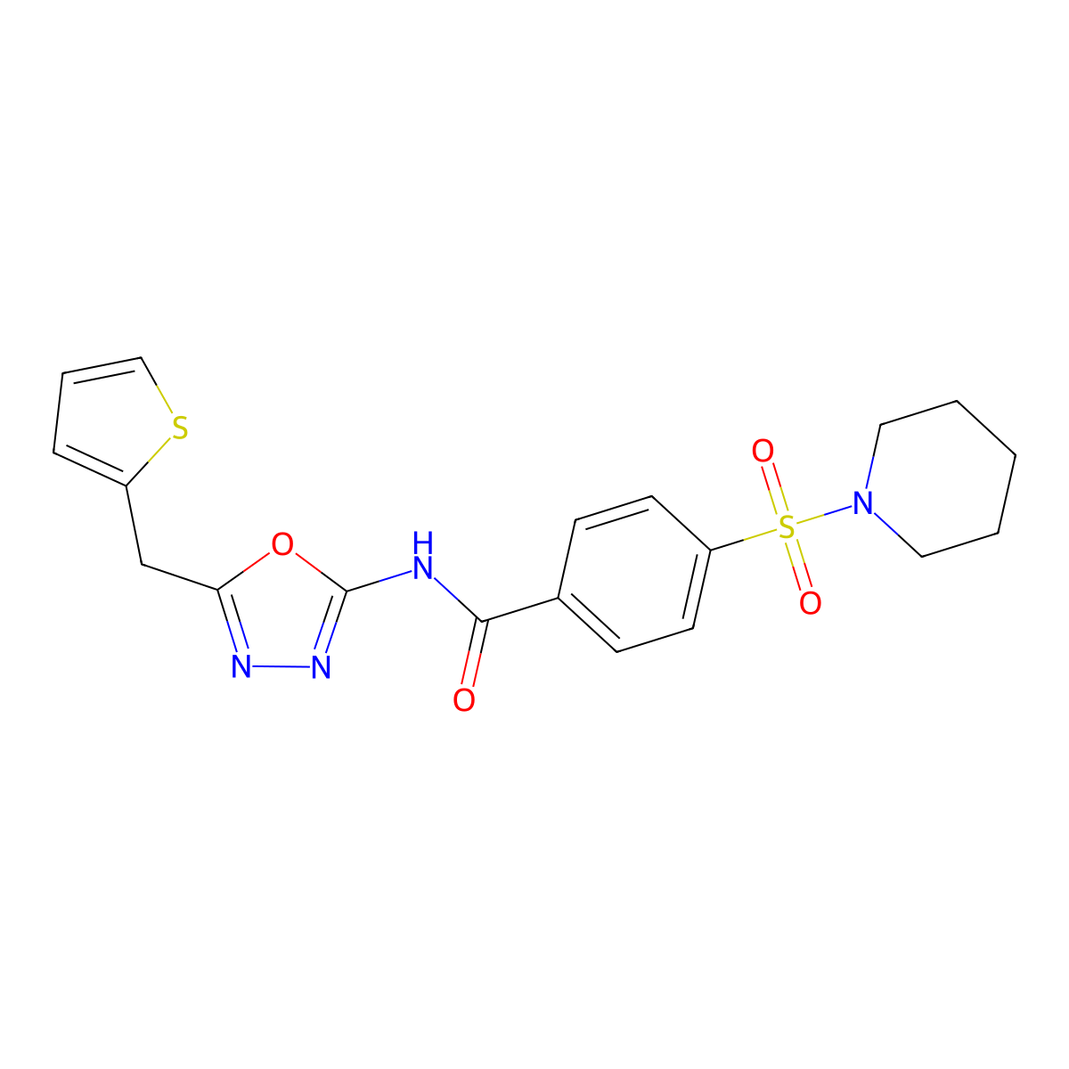 4-(piperidin-1-ylsulfonyl)-N-(5-(thiophen-2-ylmethyl)-1,3,4-oxadiazol-2-yl)benzamide molecular structure, CAS 1021082-93-8