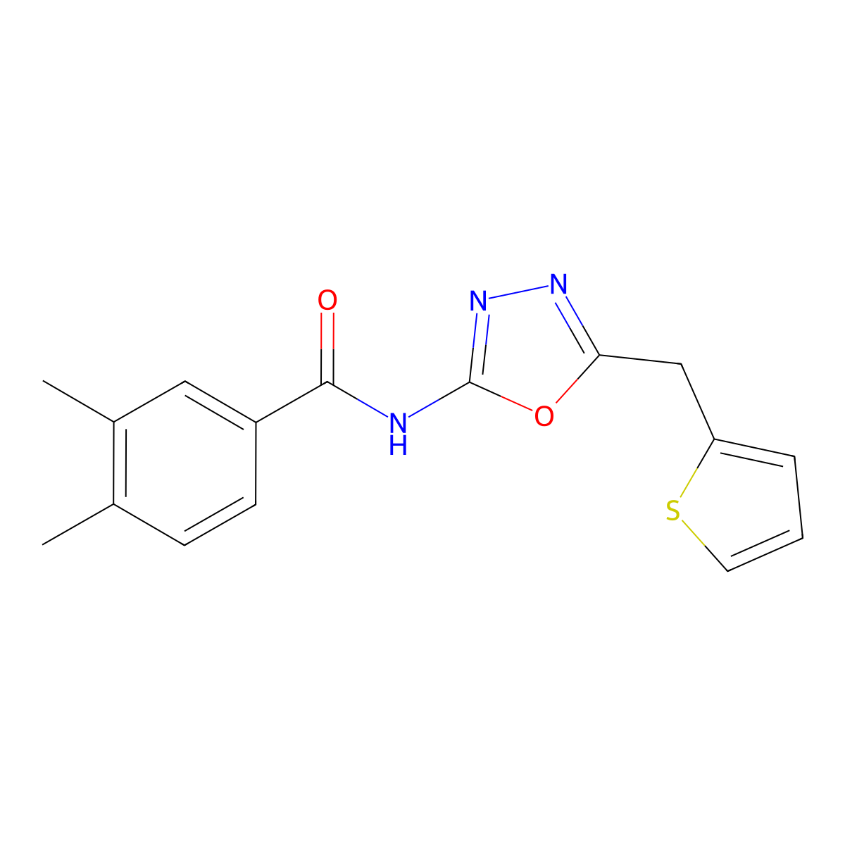 3,4-dimethyl-N-(5-(thiophen-2-ylmethyl)-1,3,4-oxadiazol-2-yl)benzamide molecular structure, CAS 1021082-96-1