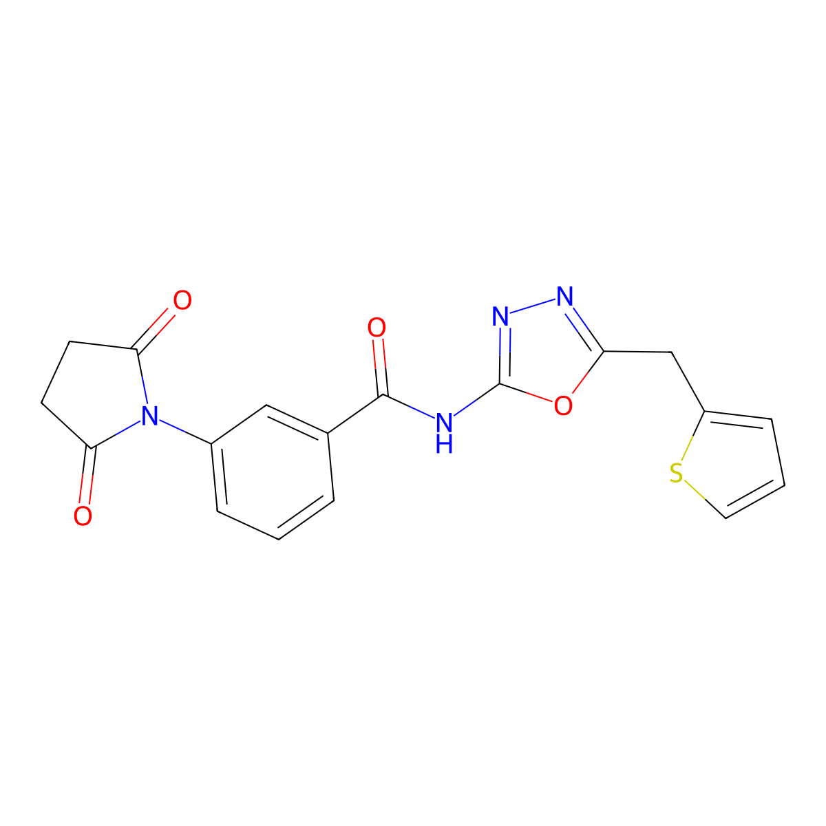 3-(2,5-dioxopyrrolidin-1-yl)-N-(5-(thiophen-2-ylmethyl)-1,3,4-oxadiazol-2-yl)benzamide molecular structure, CAS 1021082-98-3