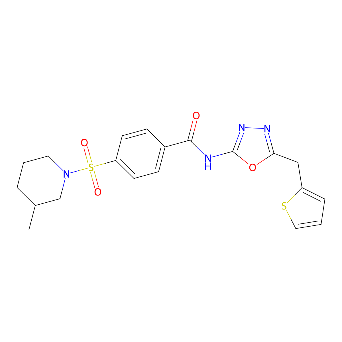 4-((3-methylpiperidin-1-yl)sulfonyl)-N-(5-(thiophen-2-ylmethyl)-1,3,4-oxadiazol-2-yl)benzamide molecular structure, CAS 1021083-00-0