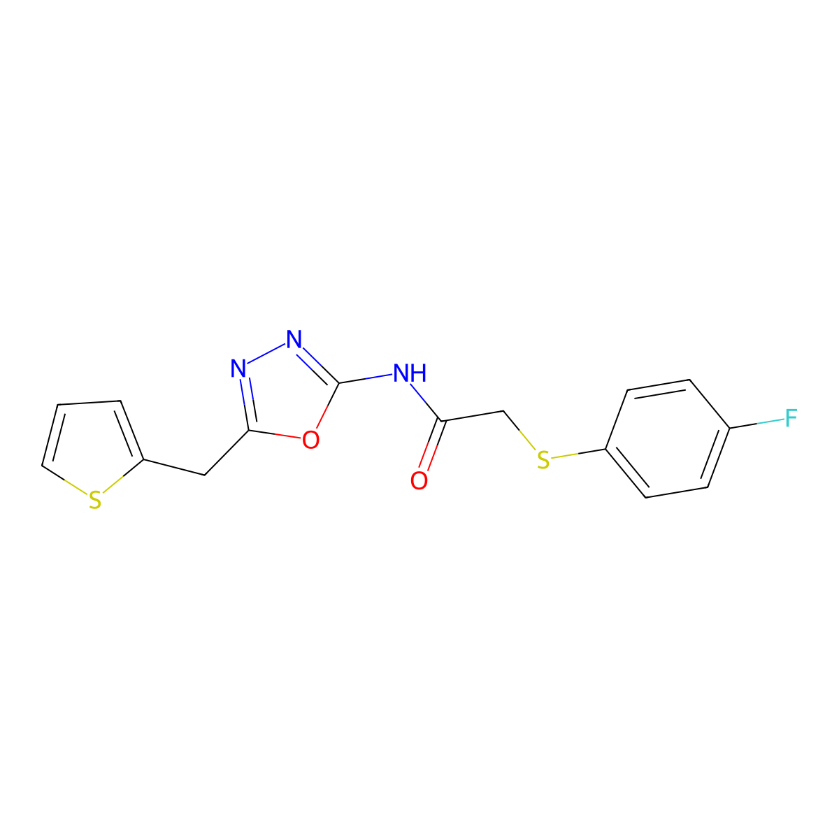 2-((4-fluorophenyl)thio)-N-(5-(thiophen-2-ylmethyl)-1,3,4-oxadiazol-2-yl)acetamide molecular structure, CAS 1021083-06-6