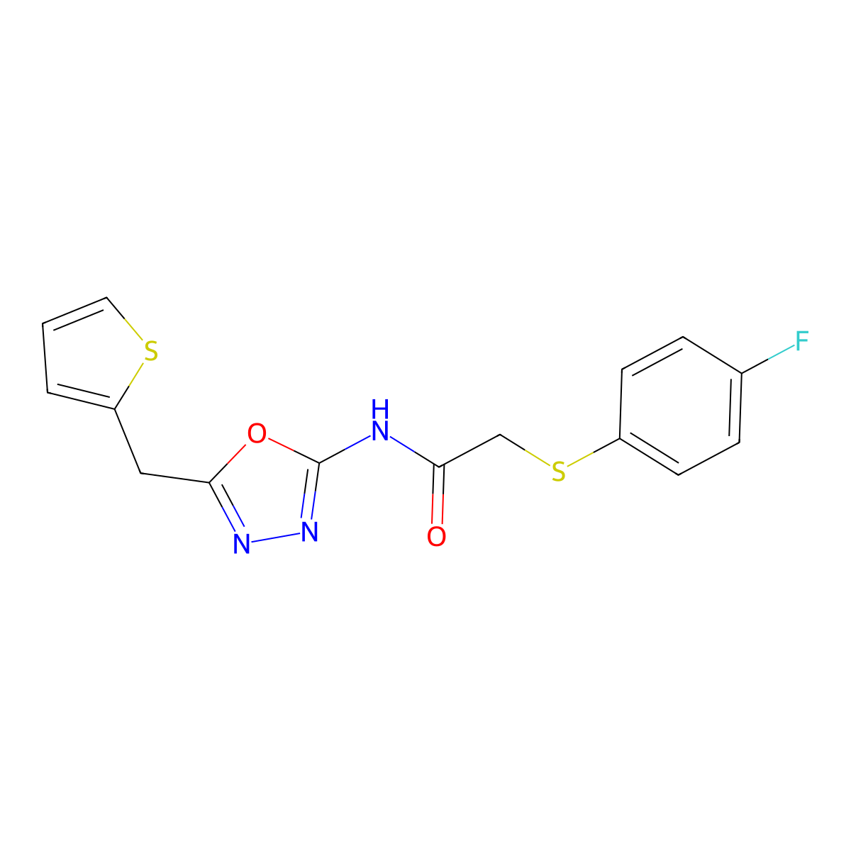 2-((4-fluorophenyl)thio)-N-(5-(thiophen-2-ylmethyl)-1,3,4-oxadiazol-2-yl)acetamide molecular structure, CAS 1021083-06-6