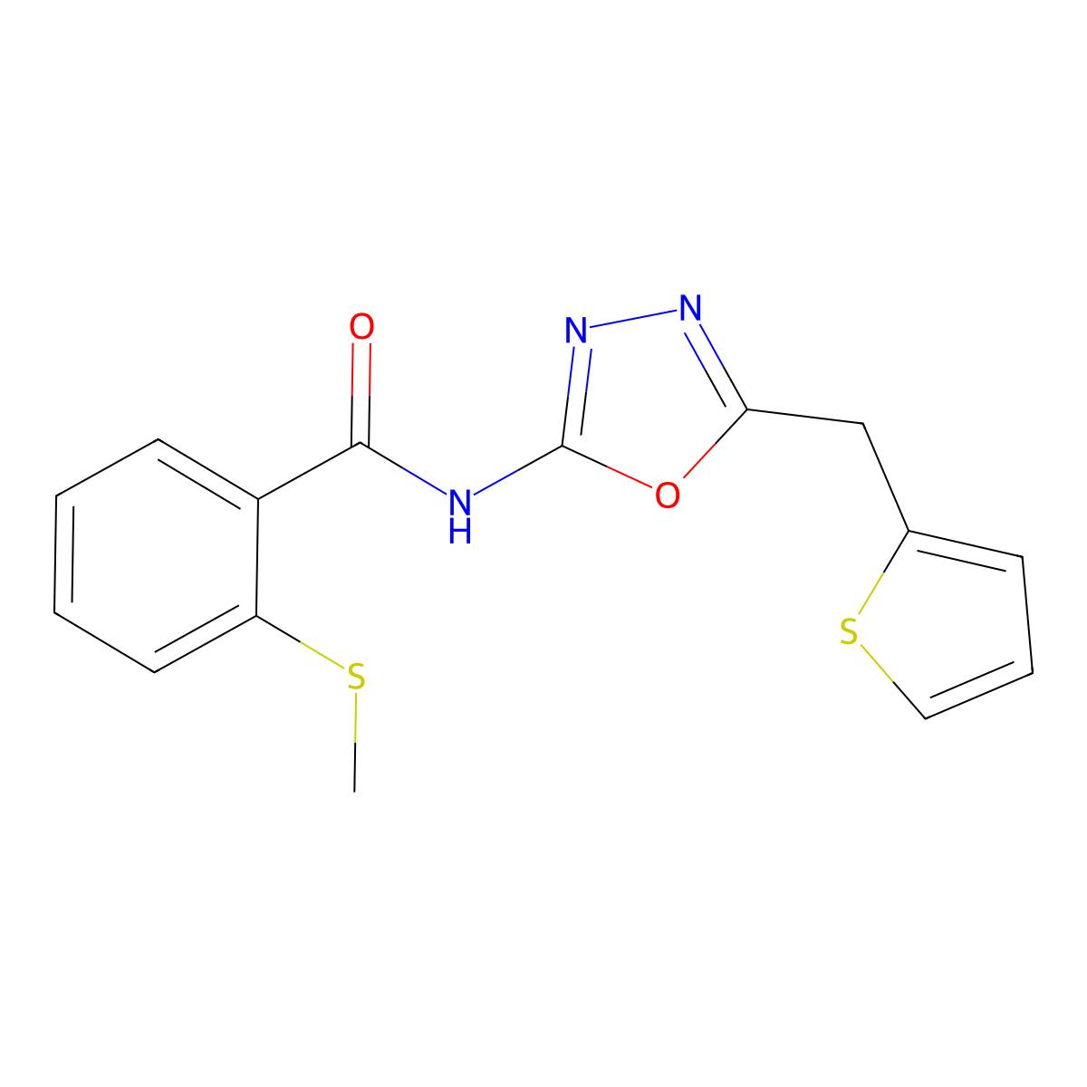 2-(methylthio)-N-(5-(thiophen-2-ylmethyl)-1,3,4-oxadiazol-2-yl)benzamide molecular structure, CAS 1021083-07-7