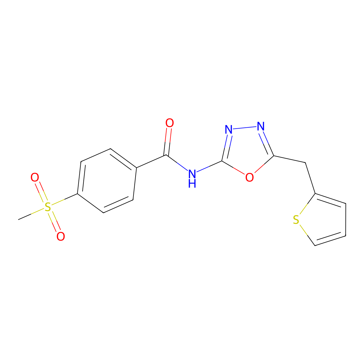 4-(methylsulfonyl)-N-(5-(thiophen-2-ylmethyl)-1,3,4-oxadiazol-2-yl)benzamide molecular structure, CAS 1021083-08-8