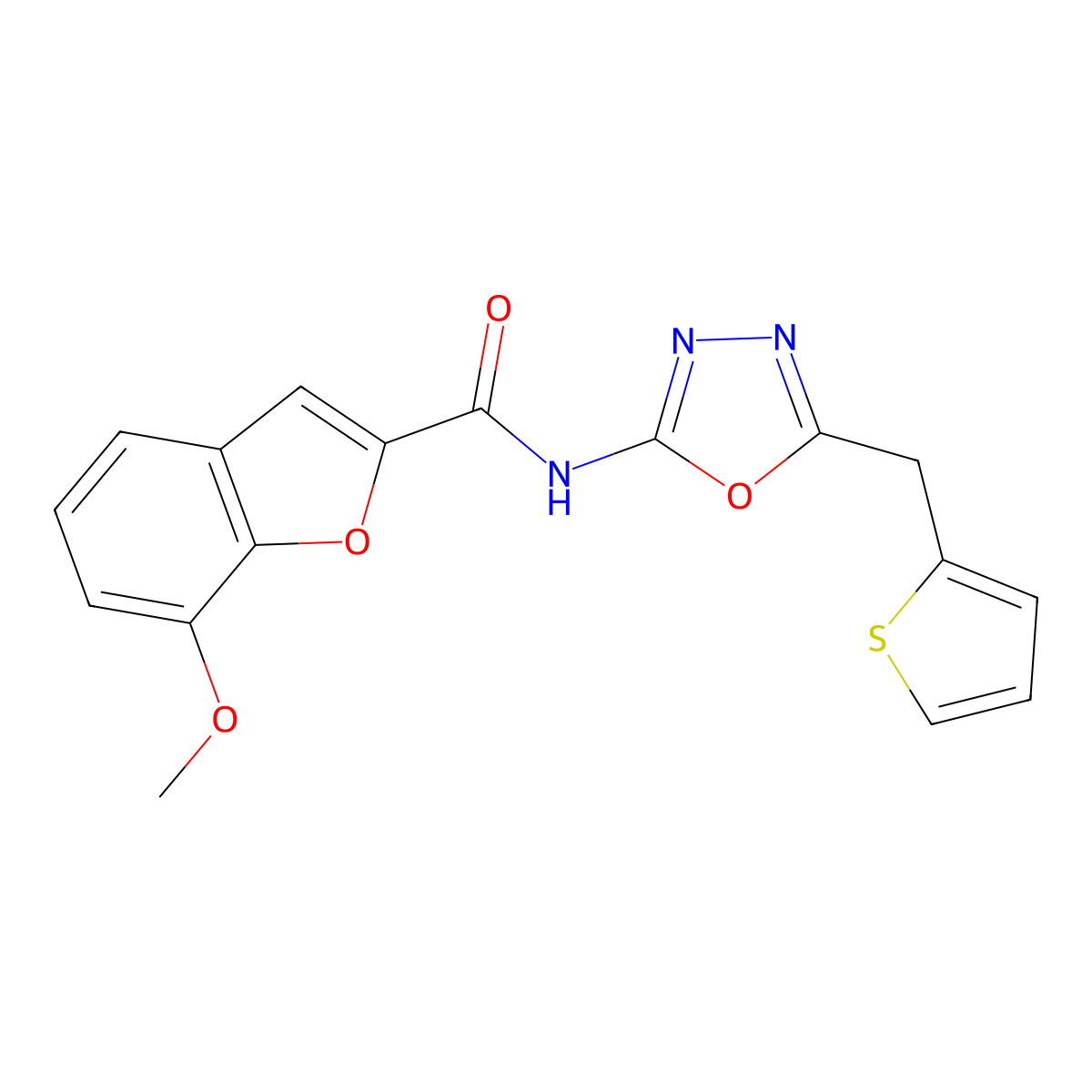 7-methoxy-N-(5-(thiophen-2-ylmethyl)-1,3,4-oxadiazol-2-yl)benzofuran-2-carboxamide molecular structure, CAS 1021083-11-3